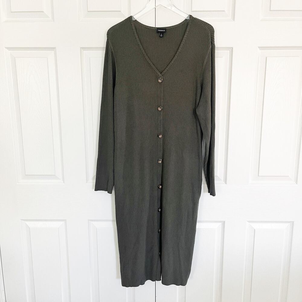 Torrid Olive Ribbed Bodycon Sweater Dress Button Front Midi Plus Size - Picture 2 of 8